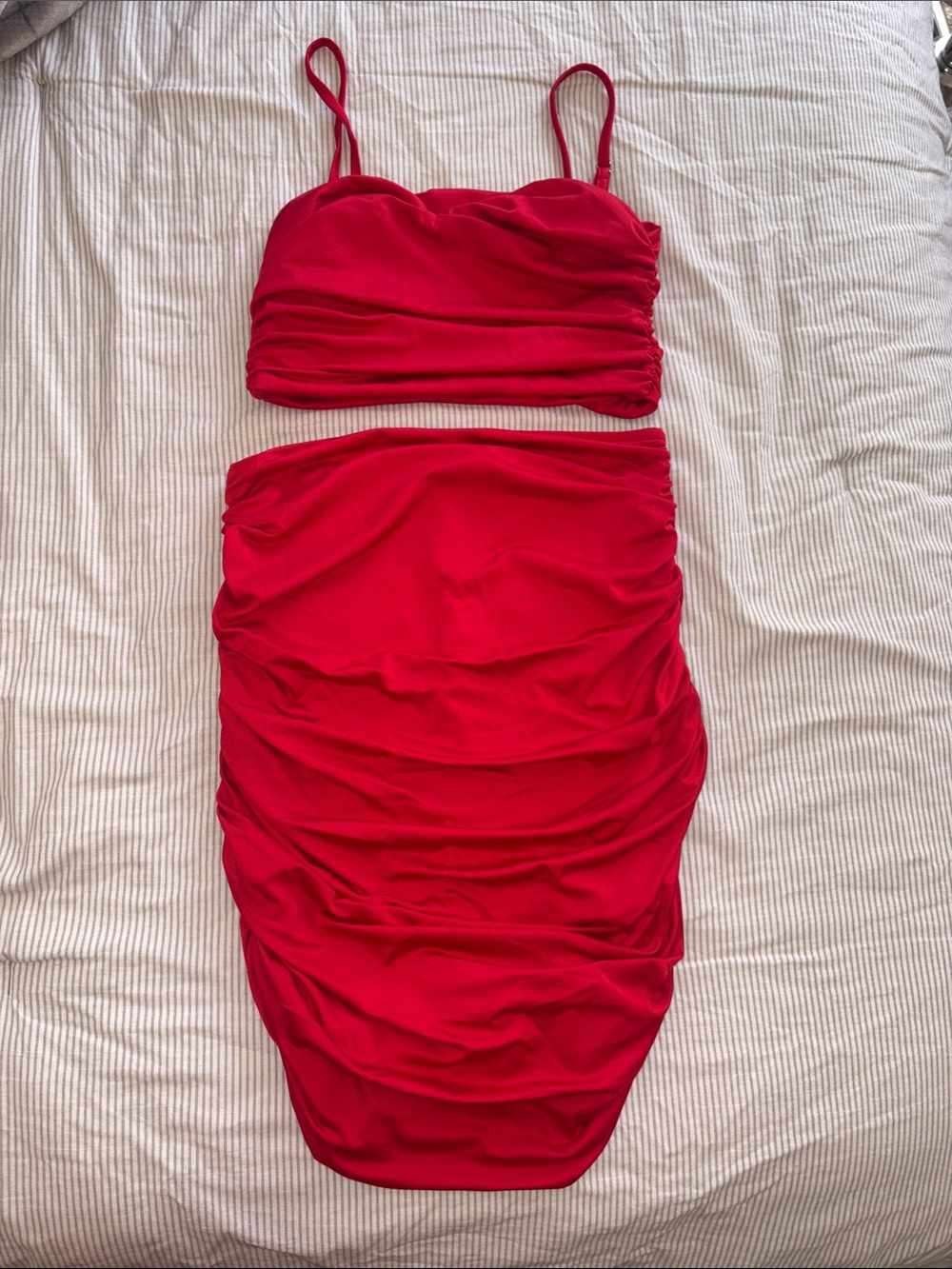 Red Ruched Bodycon Skirt - Women